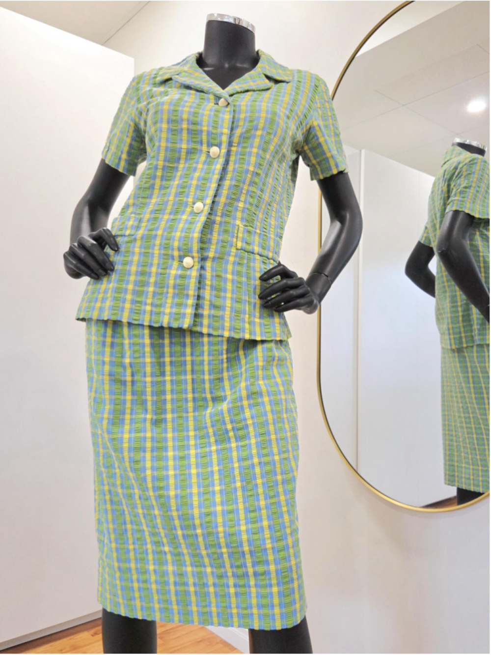 Vintage mid‑century mod skirt set, handmade button blouse & pencil skirt 1960s